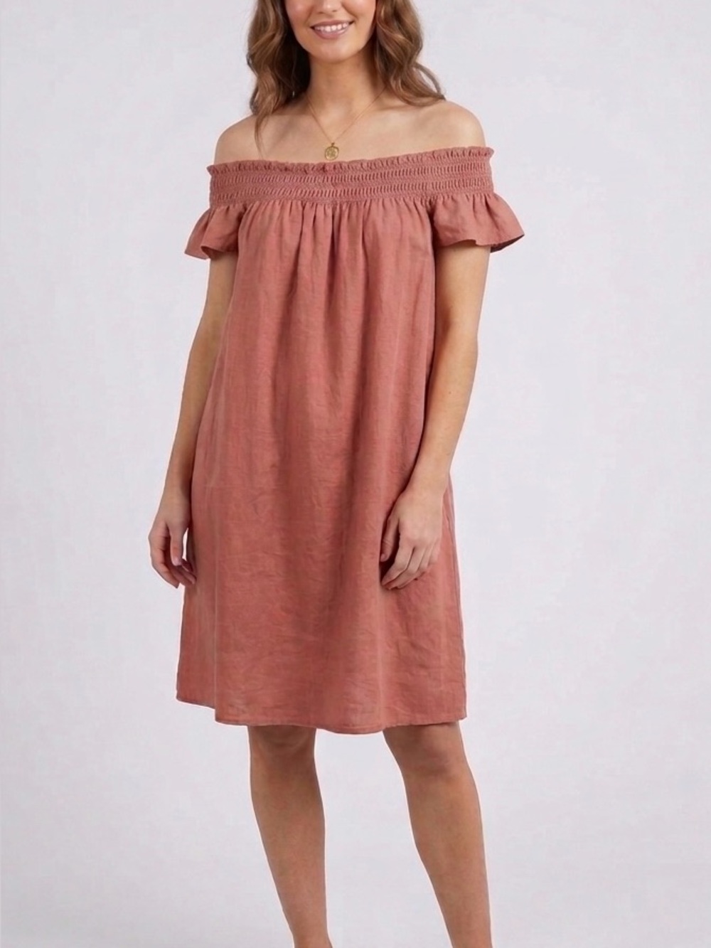 Wilfred 100% Organic Linen Rust Off-Shoulder Smocked Sundress
